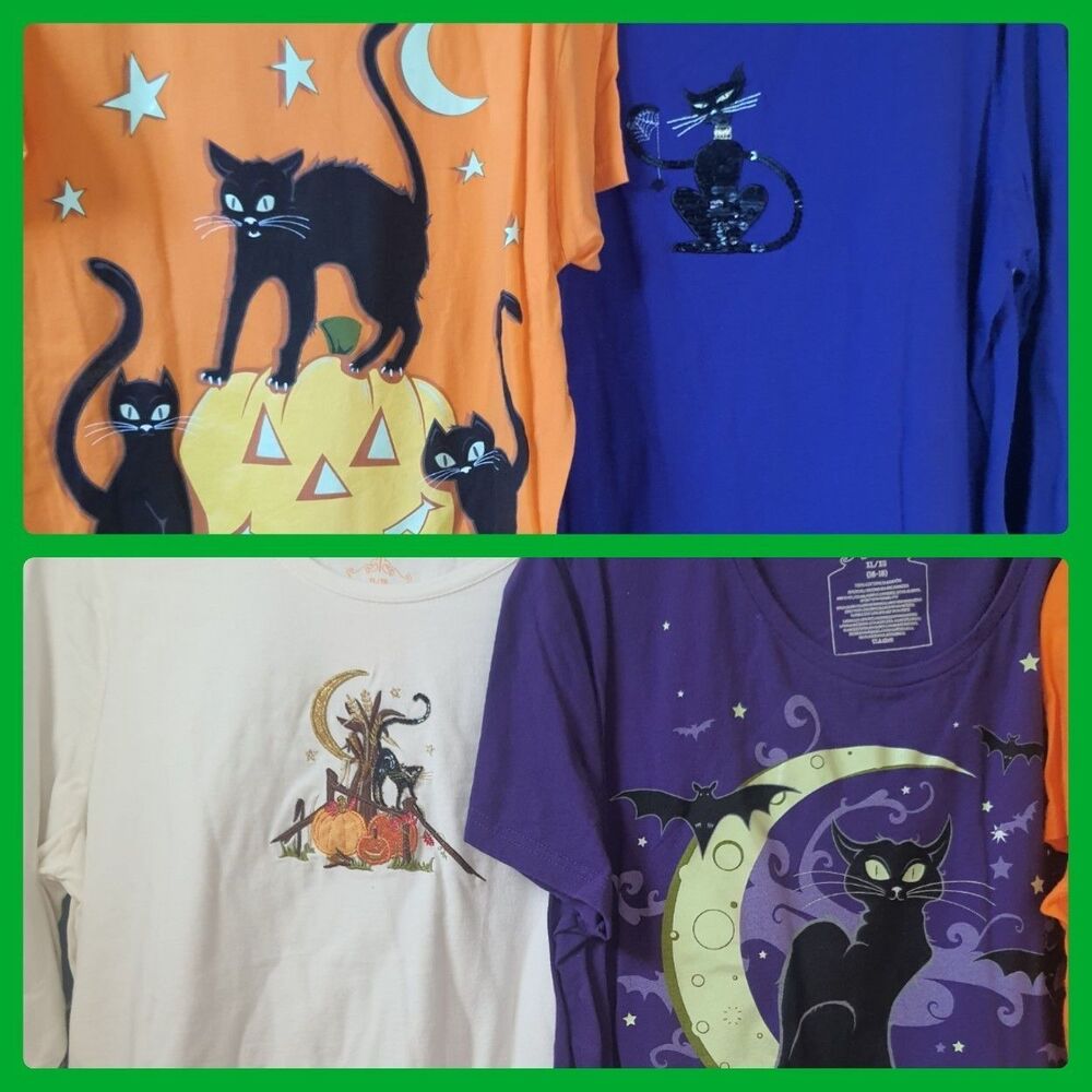 Lot of 4 Women’s Size XL T-Shirts Halloween Tops Black Cat Embroidered Fall